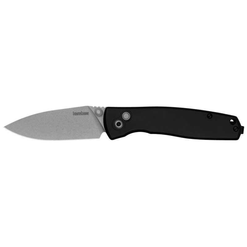Kershaw Kindred folding knife with a silver spear point blade and black handle, shown open on a rustic surface.