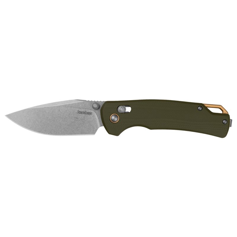 Kershaw Proximal folding knife with olive drab green G10 handle and stonewashed D2 drop point blade, shown open with pocket clip.