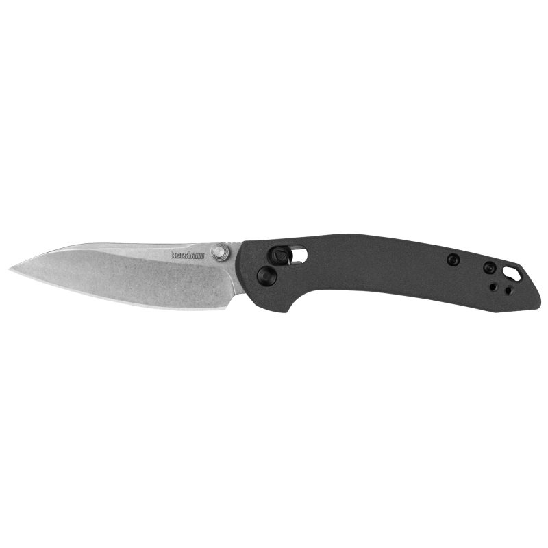 Kershaw Duster folding knife with a gray glass-filled nylon handle and a silver stonewash sheepsfoot blade, shown open with a pocket clip.