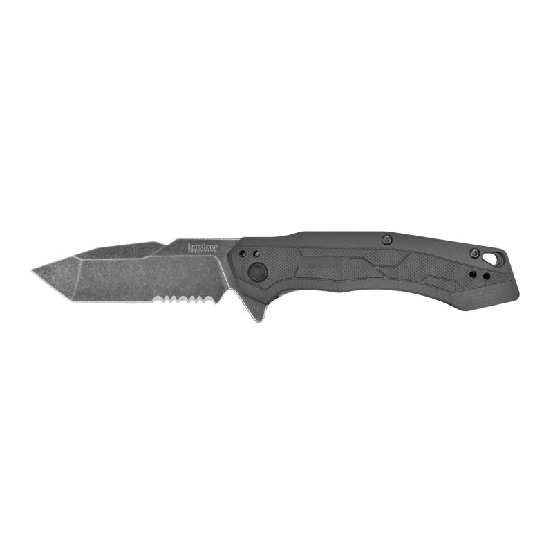 Kershaw Analyst folding knife with a black handle and BlackWash gray tanto combo blade, shown partially open.