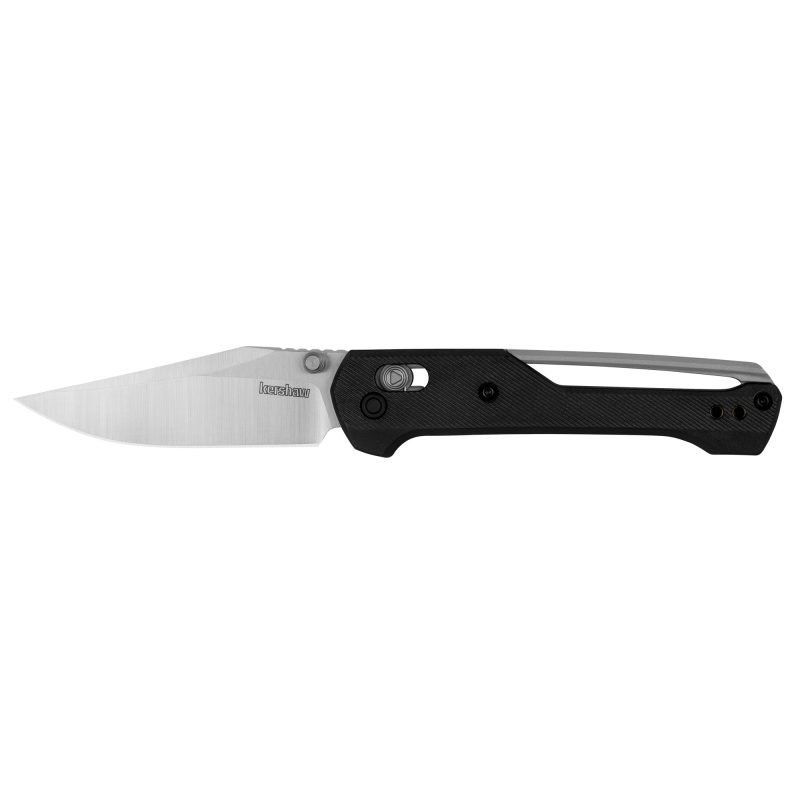 Black Kershaw Airspace folding knife with a 3-inch satin finish clip point blade, polymer handle, and pocket clip, shown open.