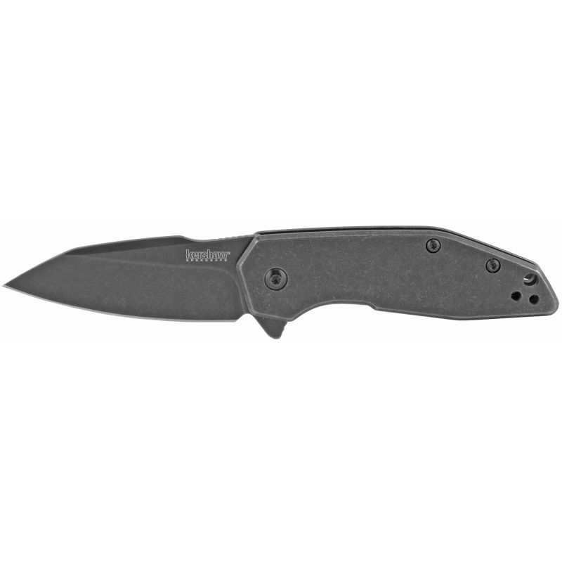Kershaw Gravel 2.5 inch folding knife with a black-oxide blackwash finish on the blade and handle, shown open on a rustic surface.
