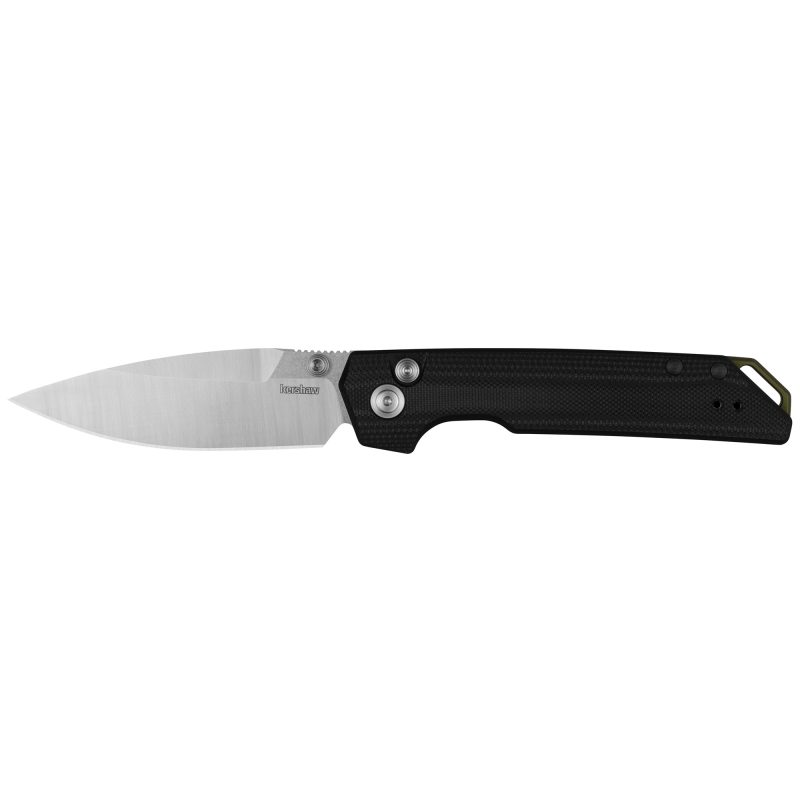 Kershaw Iridium Button Lock folding knife with a black G10 handle and satin/stonewash spear point MagnaCut blade, shown open on a rustic surface.