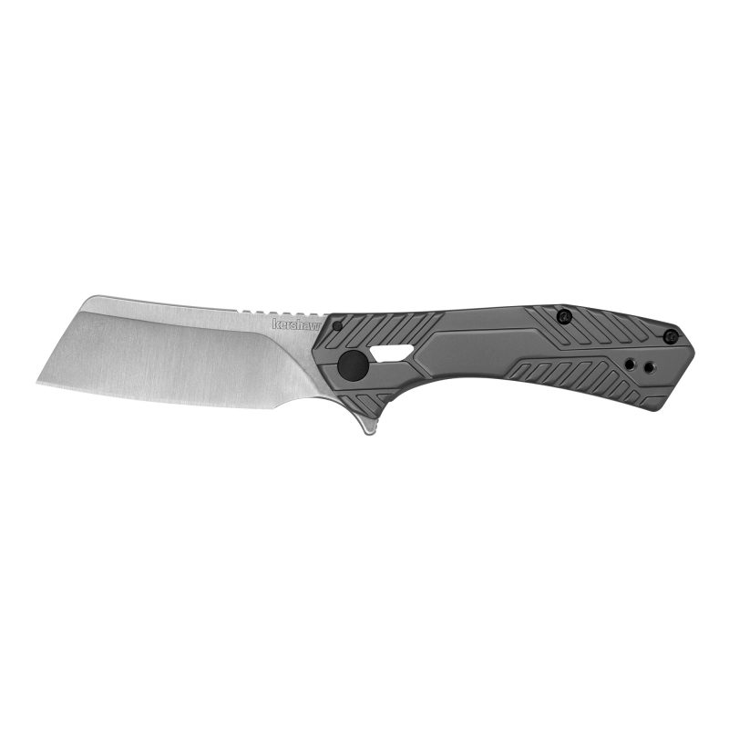Kershaw Static 2.9 inch folding knife with satin finish cleaver blade and stainless steel handle, shown open on a rustic surface.