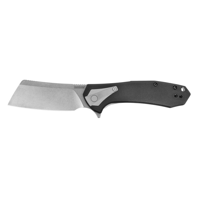 Kershaw Bracket folding knife with a 3.4-inch silver cleaver blade and black handle, shown open on a rustic wooden surface.