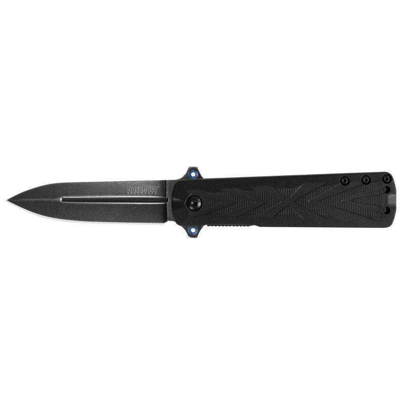 Kershaw Barstow 3 inch plain edge black-oxide folding knife with spear point blade, flipper, and pocket clip, shown closed on a rustic background.