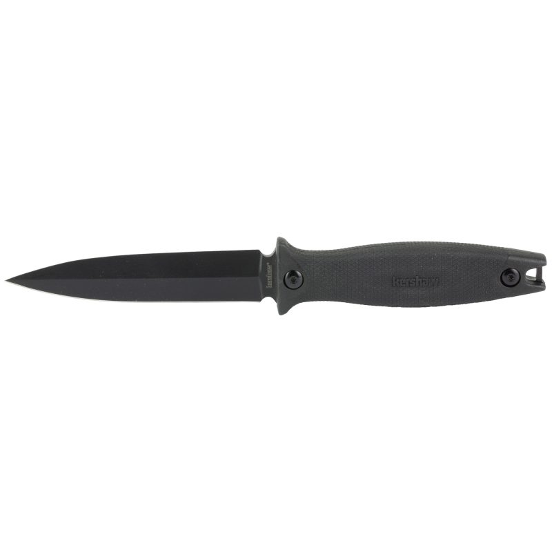 Kershaw Secret Agent fixed blade knife with a black-oxide finished spear point blade and a black rubberized co-molded handle, shown with its molded dual-carry sheath.