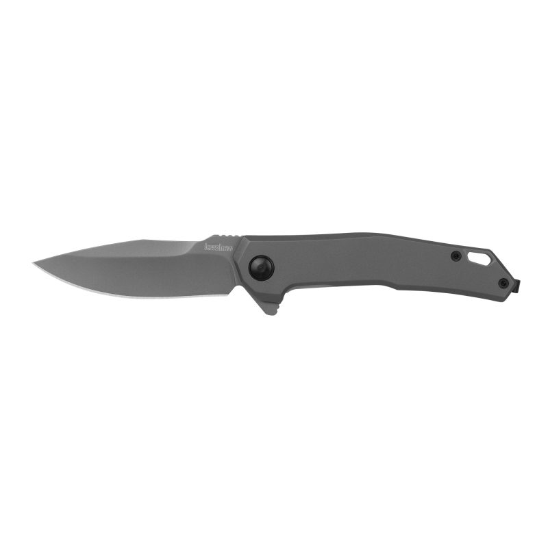 Kershaw Helitack folding knife with gray PVD blade and stainless steel handle, deep-carry pocket clip visible, shown closed.