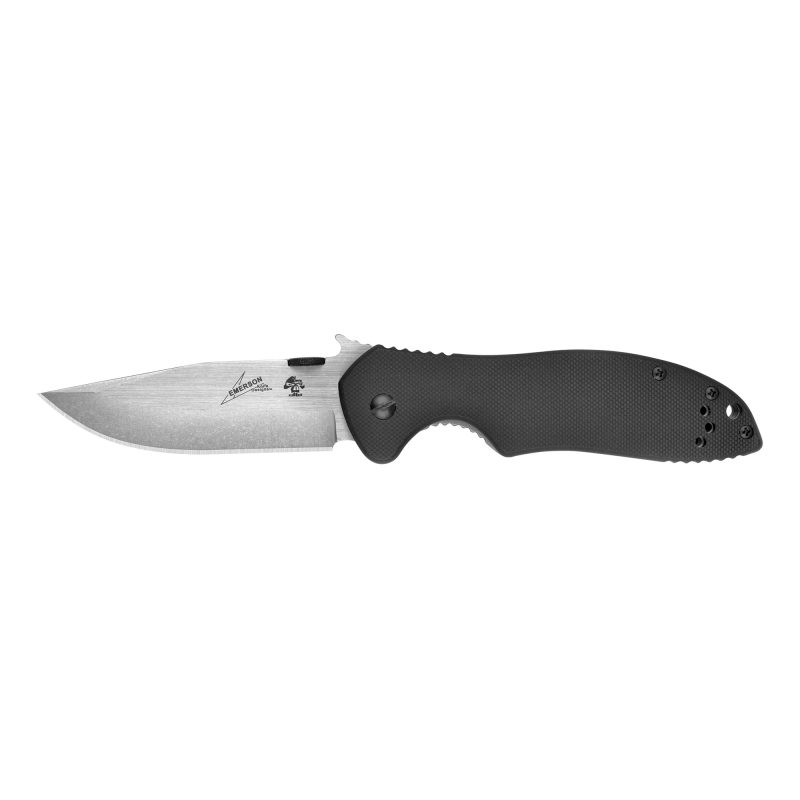 Kershaw Emerson CQC-6K D2 folding knife with a satin finish drop point blade, G-10 front handle, and bead-blasted stainless steel back handle.