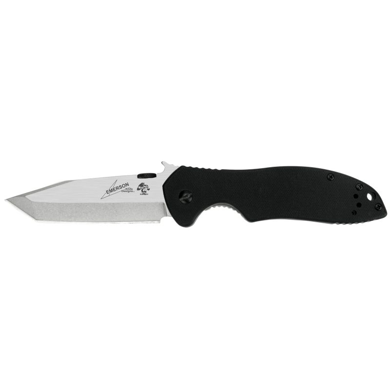 Kershaw Emerson CQC-7K Satin Tanto folding knife with a black G10 handle and a partially stonewashed, partially satin finished tanto blade, shown open.