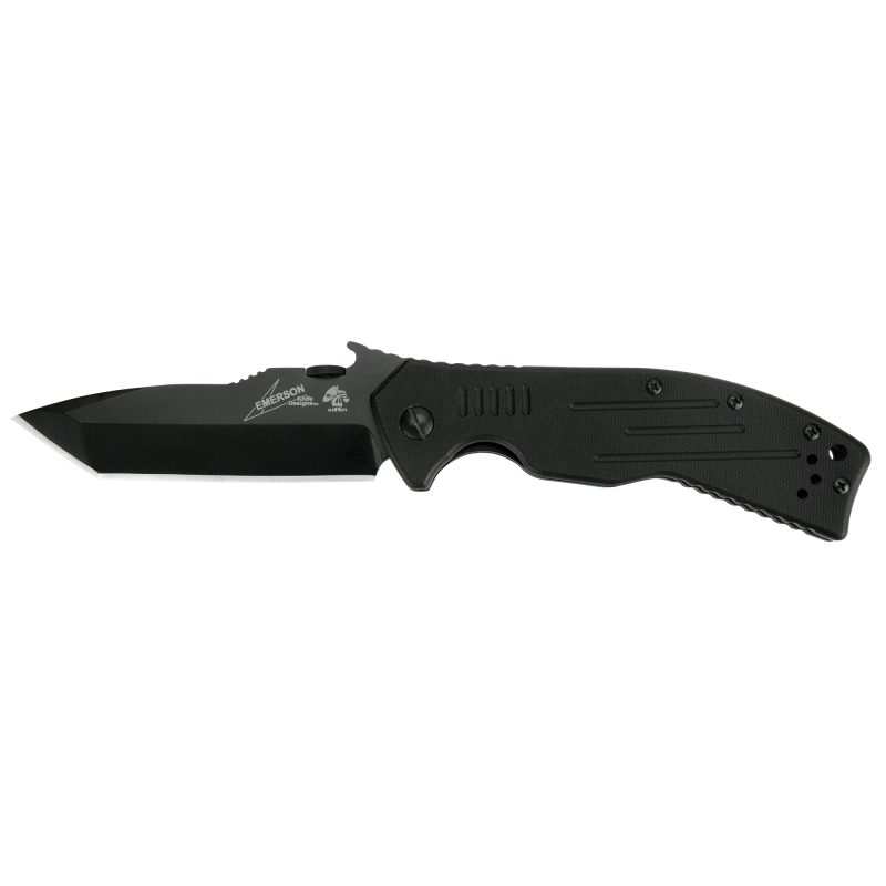 Kershaw Emerson CQC-8K large tanto folding knife with black G10 handle and black oxide coated blade, shown open on a rustic wood surface.