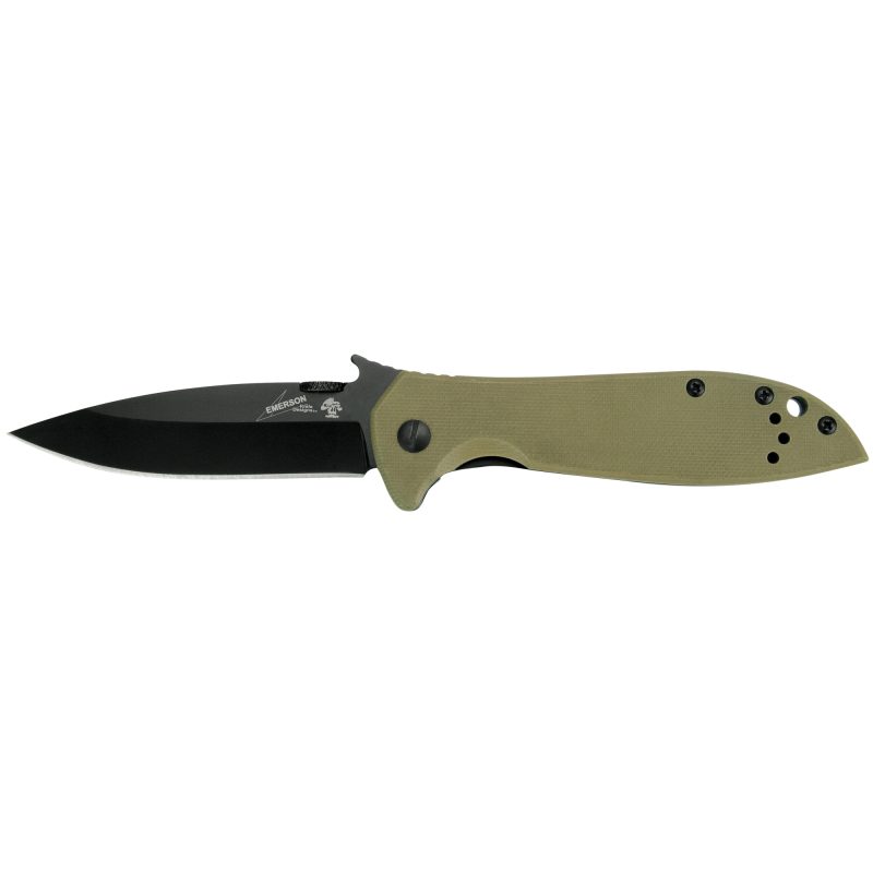 Kershaw Emerson CQC-4K Spear Point folding knife with coyote brown G10 handle and black oxide finished blade, shown open.