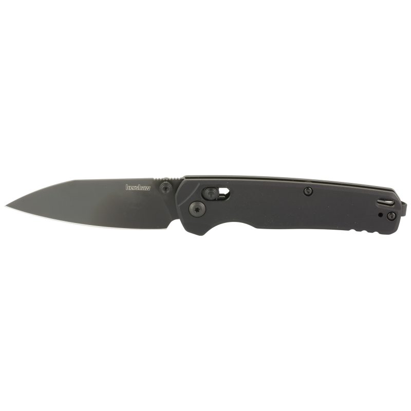 A black Kershaw Bel Air folding knife with a plain edge, 3.1-inch Magnacut blade, and aluminum handle, shown partially open with a pocket clip.
