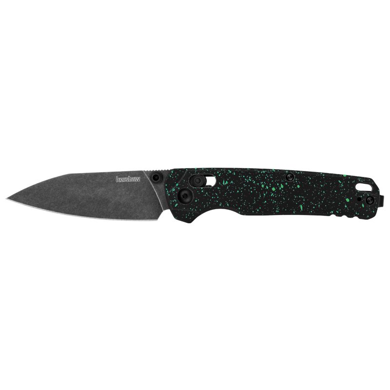 Kershaw Bel Air folding knife with a 3.1-inch black reverse tanto blade and a custom island green splatter handle, shown closed.