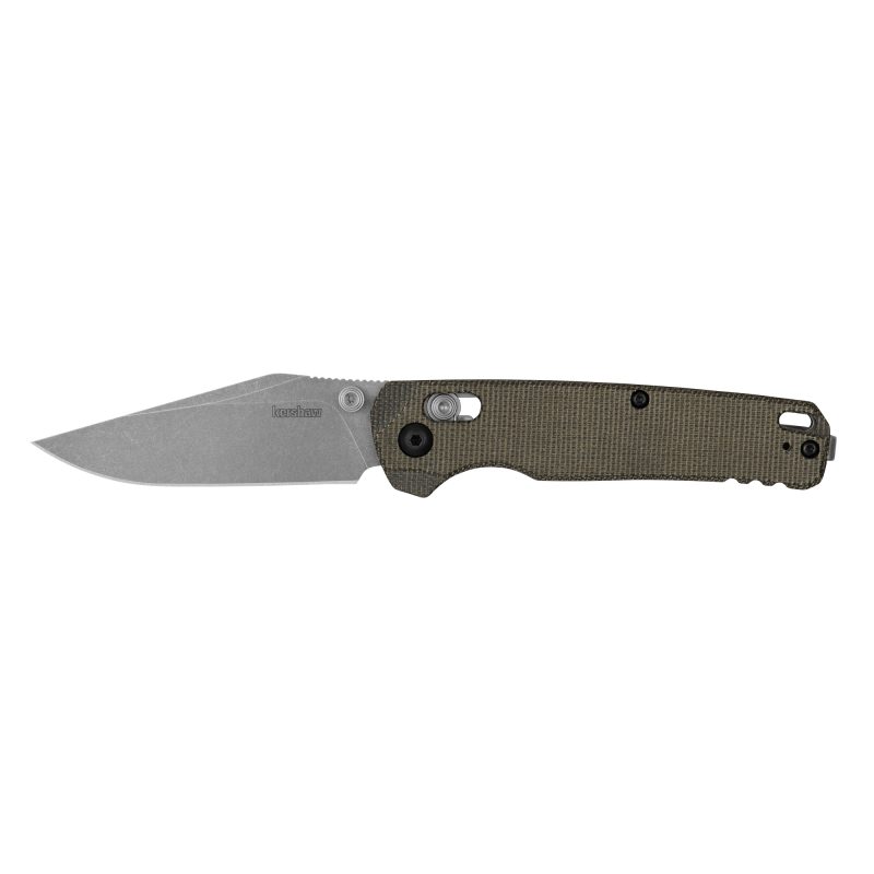 Kershaw Bel Air folding knife with a stonewashed clip point MagnaCut blade and olive green Micarta handle, shown partially open.
