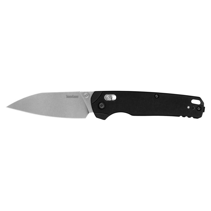 Kershaw Bel Air XL folding knife with stonewashed silver reverse tanto blade and black G10 handle, shown open on a rustic surface.