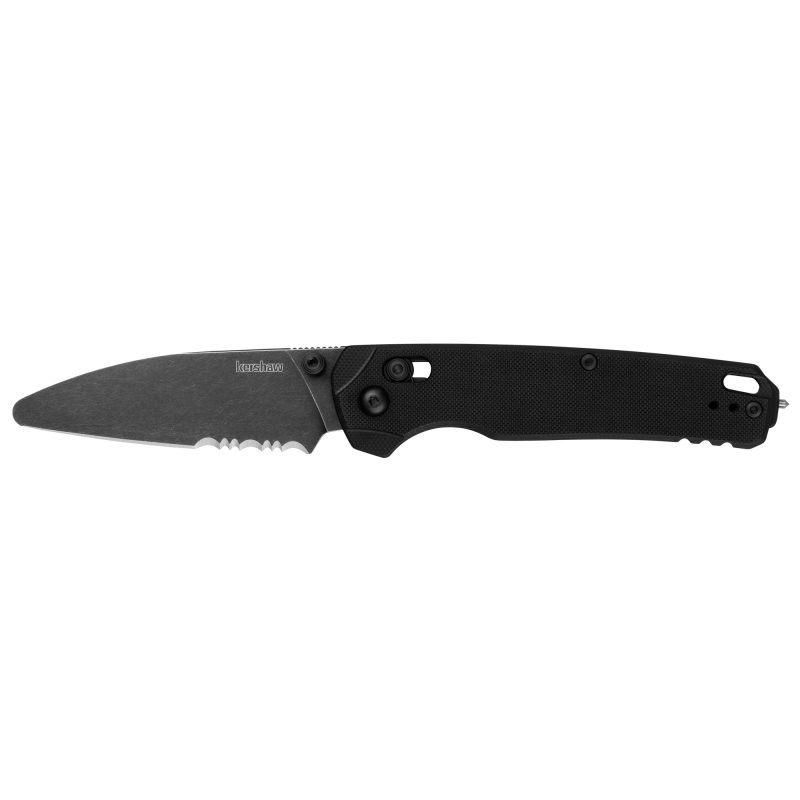 Kershaw Bel Air XL-EMT folding knife with a black serrated sheepsfoot blade, gray G-10 handle, and pocket clip, shown open.