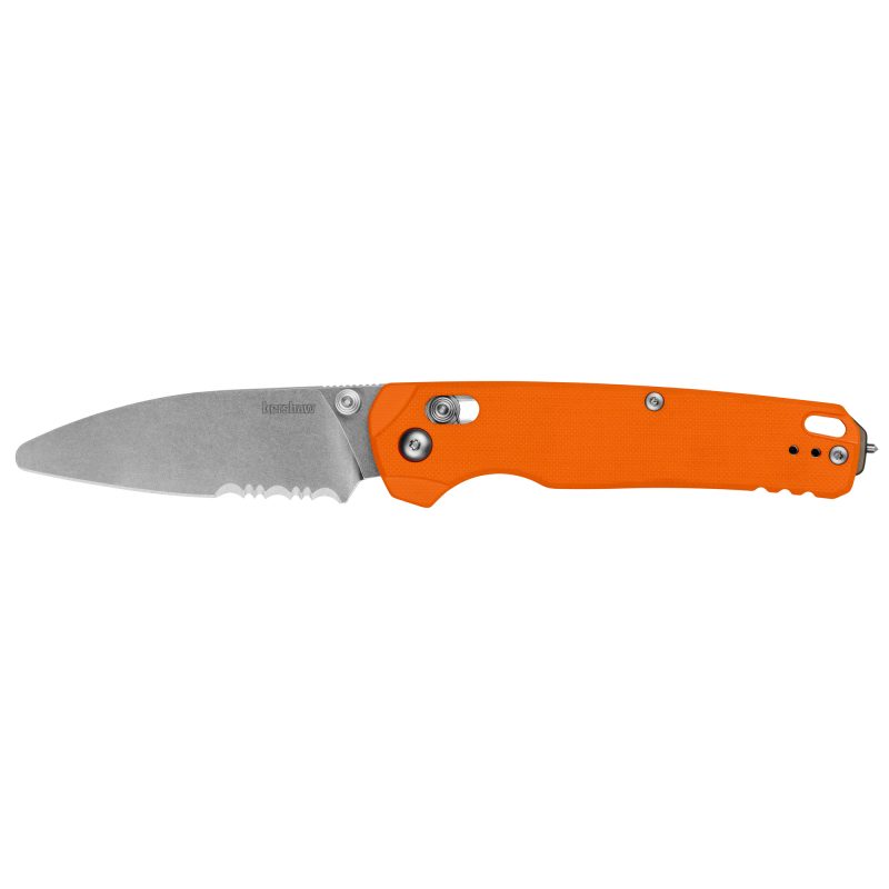 Kershaw Bel Air XL EMT folding knife with a 3.25-inch stonewash serrated sheepsfoot MagnaCut blade and a bright orange G10 handle, shown open with a pocket clip.