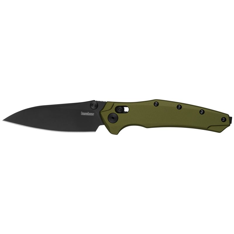 Kershaw Bareknuckle Duralock 3.5 inch folding knife with black PVD sheepsfoot blade and OD green aluminum handle, closed, showing pocket clip.