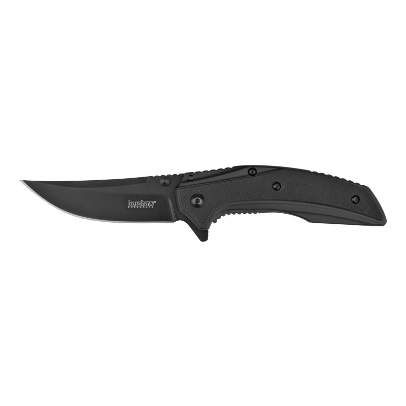 Kershaw Outright Black folding knife with a black PVD coated trailing point blade and black stainless steel handle with G10 overlay, shown closed on a rustic surface.