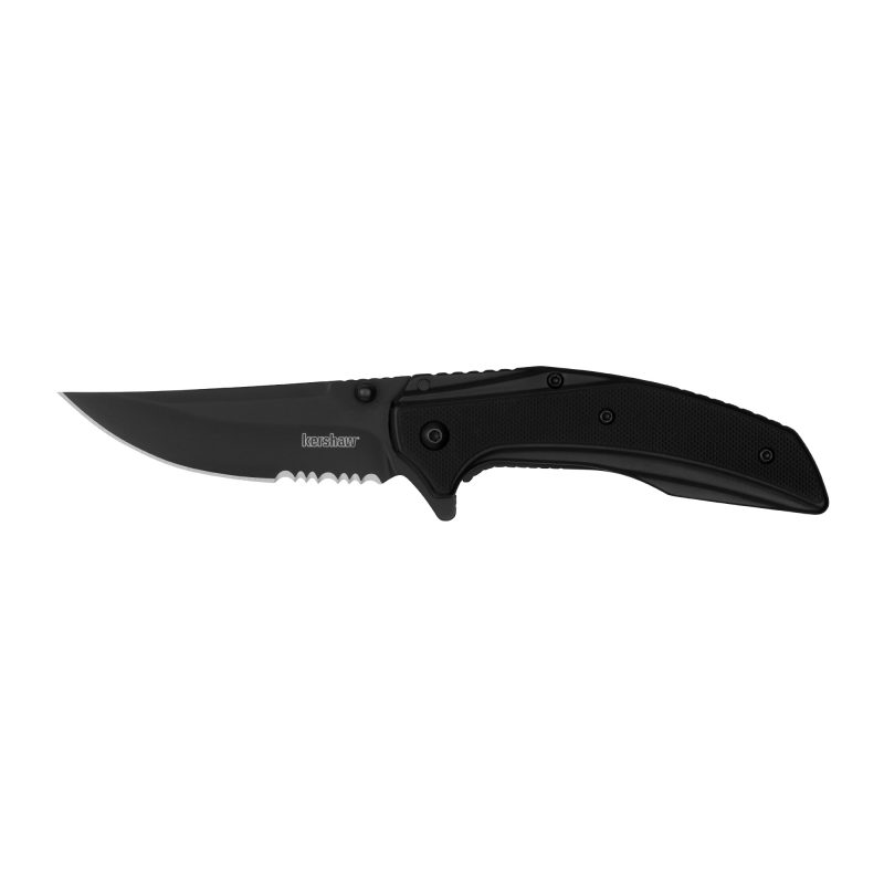 Kershaw Outright black folding knife with partially serrated upswept trailing point blade and black G10 handle, shown open on a rustic surface.