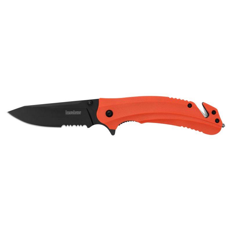 Kershaw Barricade Serrated folding knife with a black blade and bright orange handle, partially open, showing the serrated edge and glassbreaker tip.