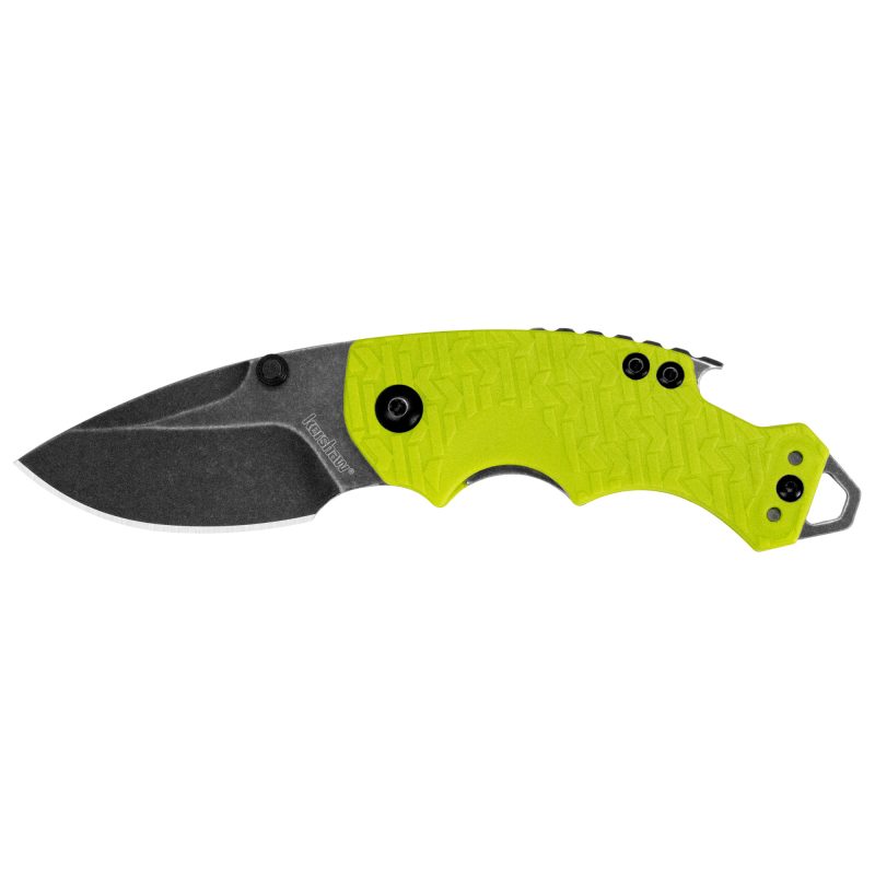 Kershaw Shuffle 2.4 inch folding knife with blackwash drop point blade and lime green K-Texture handle, showing the integrated screwdriver and bottle opener.