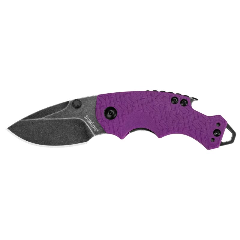 Kershaw Shuffle 2.4 inch folding knife with blackwash drop point blade and purple K-Texture handle, showing the liner lock and multi-tool features.