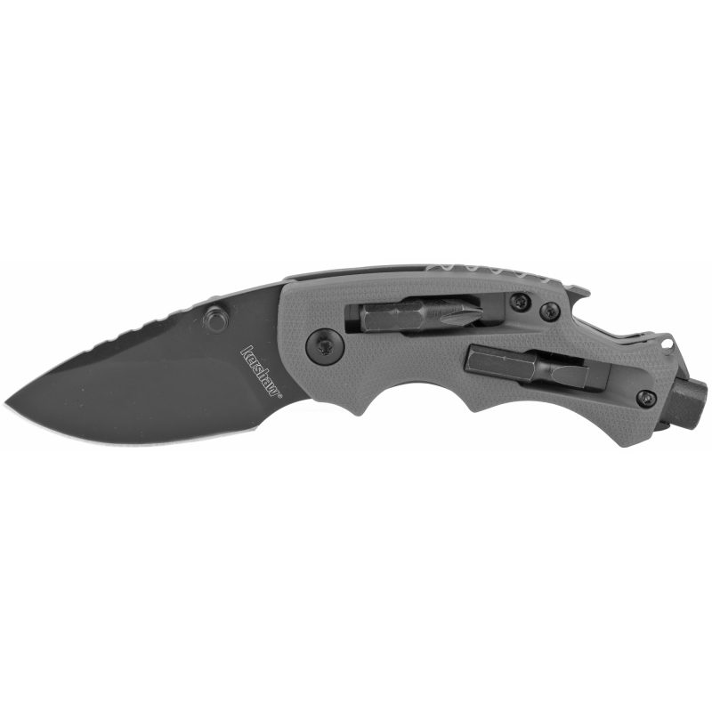 Kershaw Shuffle DIY folding knife with a gray handle and black blade, showing the integrated bit driver and bottle opener.