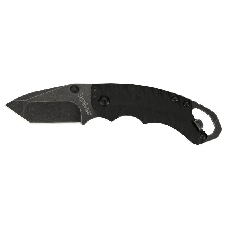 Kershaw Shuffle II folding knife with a blackwash tanto blade and black textured handle, closed position, showing its compact size.