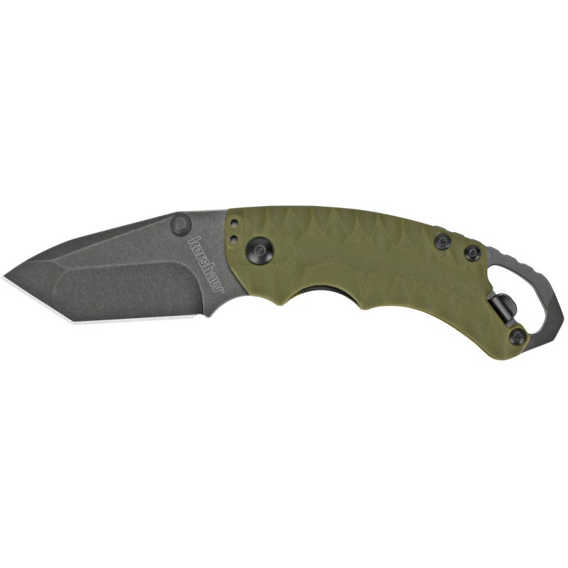 Kershaw Shuffle II folding knife with a blackwash tanto blade and olive drab green glass-filled nylon handle, shown open.
