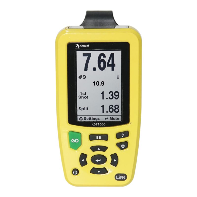 Yellow Kestrel Kst1000 Shot Timer with a clear digital display and large buttons, designed for rugged outdoor use.