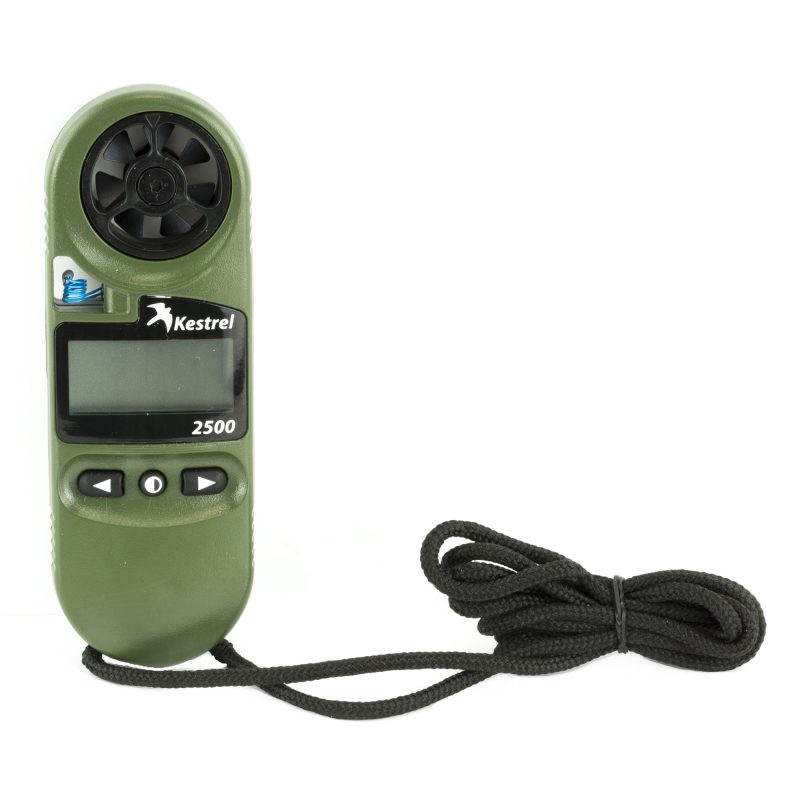 Kestrel 2500 Pocket Weather Meter in Olive Drab Green with a digital display showing weather data and a night vision preserving backlight.