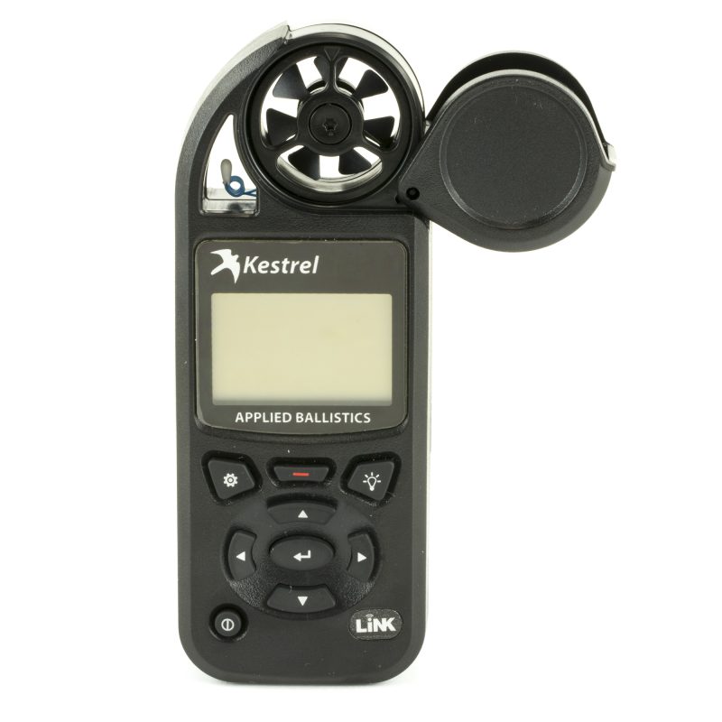 Black Kestrel Elite Weather Meter with Applied Ballistics and Link Wireless Connectivity, showing a digital display.
