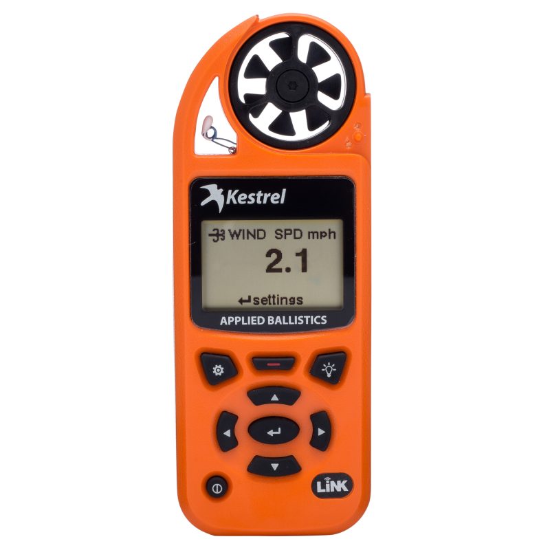 Kestrel Elite Weather Meter in blaze orange with Applied Ballistics and LINK, showing display with environmental data.