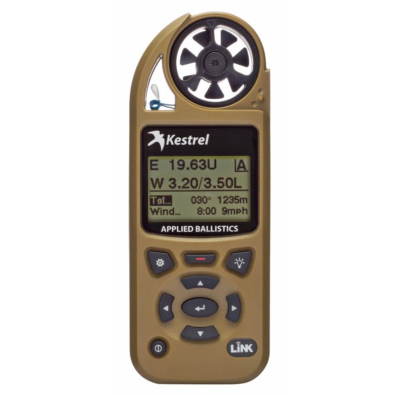 Kestrel Elite Weather Meter with Applied Ballistics Link in Flat Dark Earth color, showing screen and buttons.