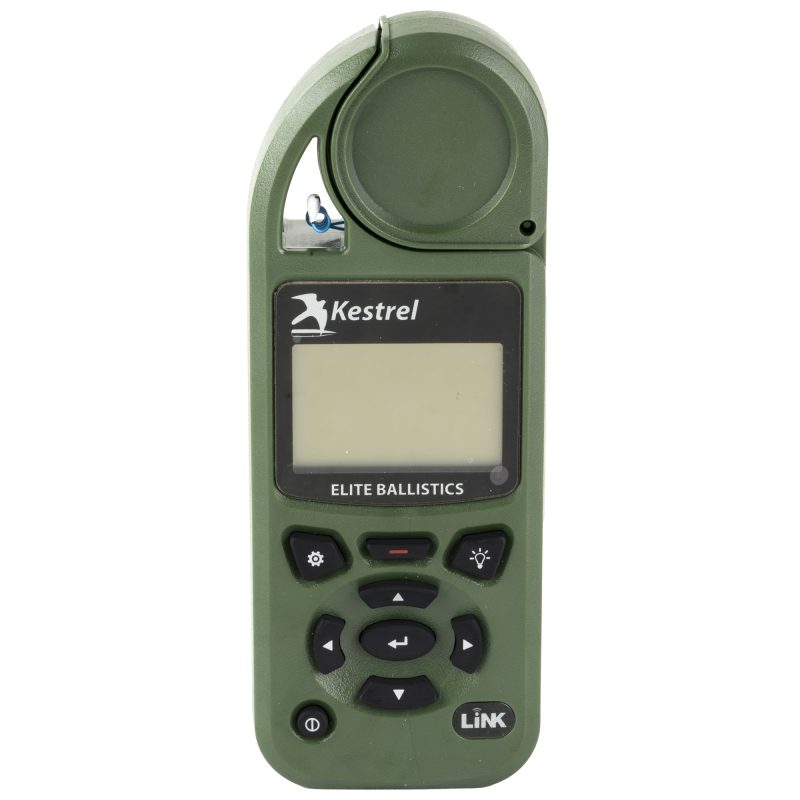 Kestrel Elite Weather Meter in olive drab green, showing its display and rugged casing, ideal for outdoor use in the White Mountains.