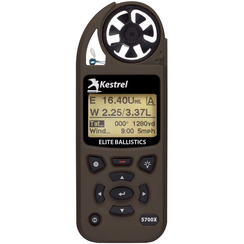 Flat Dark Earth Kestrel 5700X Elite Weather Meter with Ballistics, shown in a rugged outdoor setting.