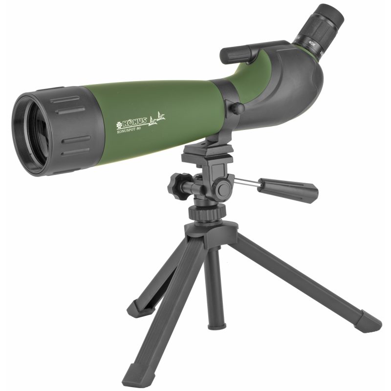 Konus Konuspot-80 20-60x80 green and black spotting scope with included tripod and smartphone adapter, shown ready for outdoor use.