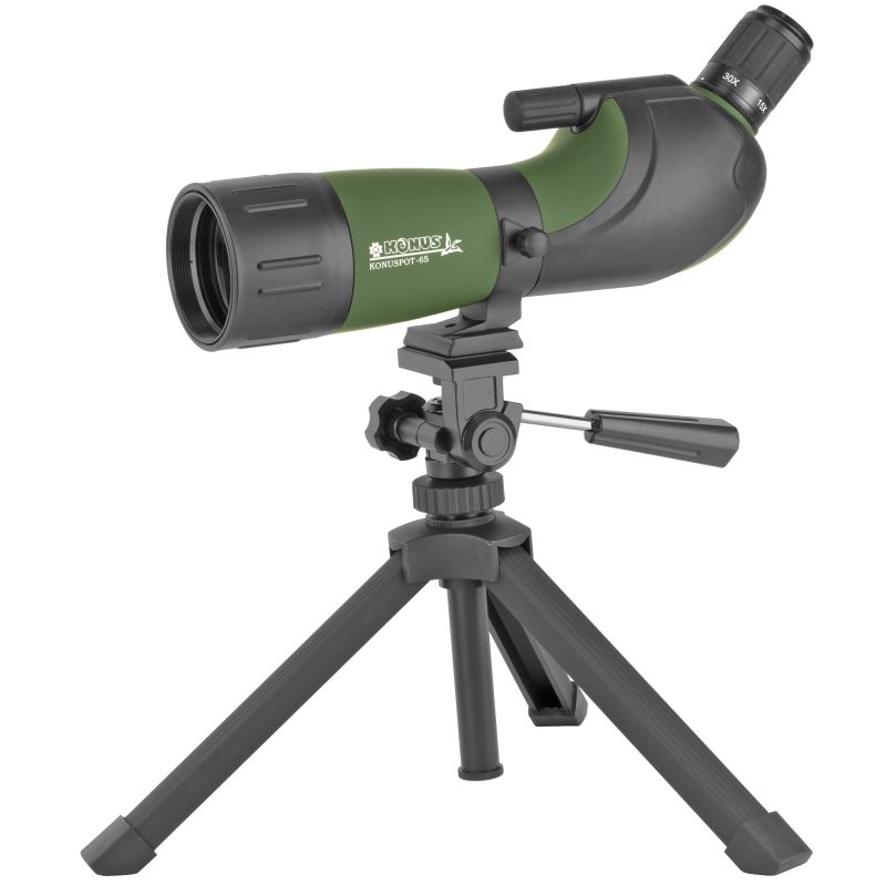 Konus Konuspot-65 15-45X65 spotting scope in green and black, shown with included tripod and case, ideal for ranch and outdoor use.