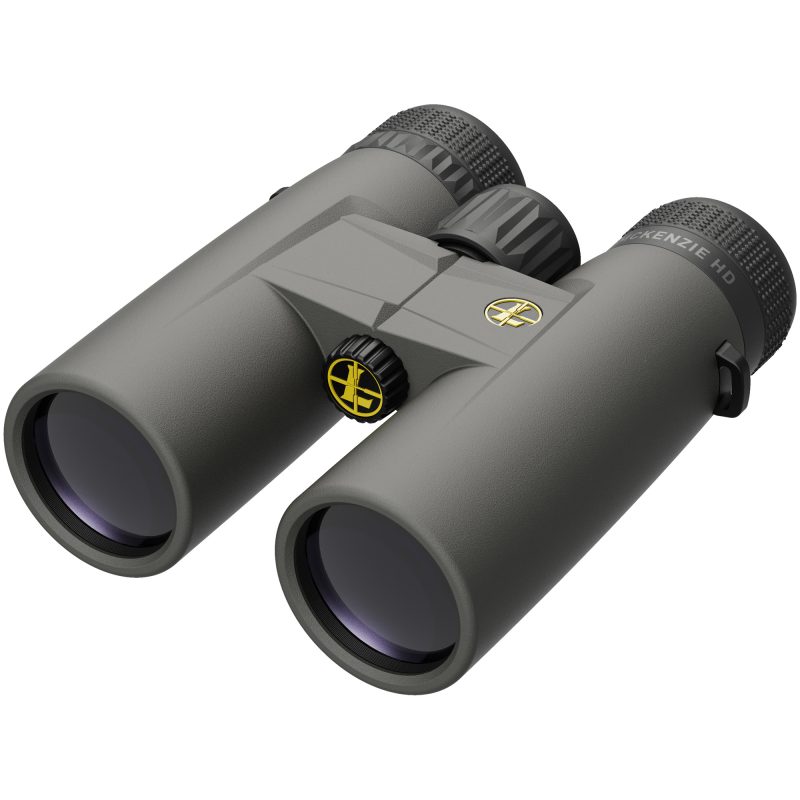 Leupold BX-1 McKenzie HD 8x42mm Binocular in shadow gray, shown with lens caps, on a rugged outdoor background.