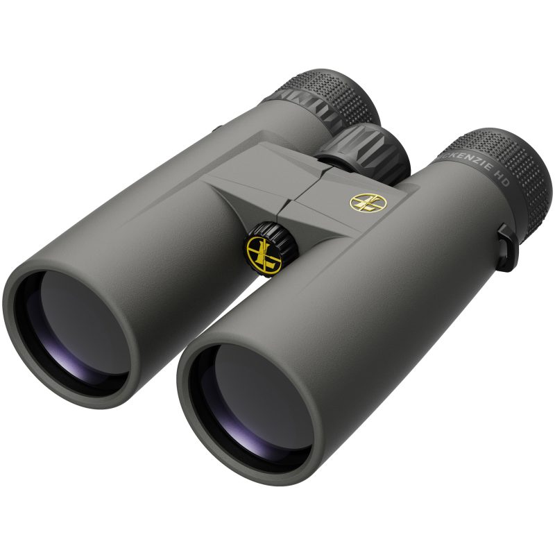 Leupold BX-1 McKenzie HD 12x50mm binoculars in shadow gray, shown with lens caps, on a rugged outdoor background.