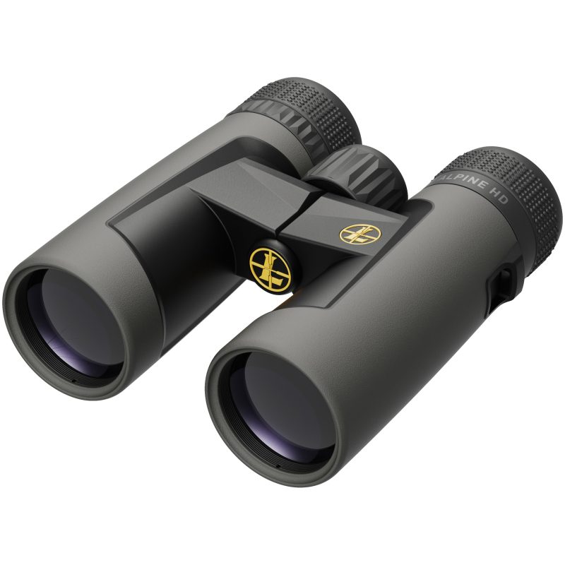 Leupold BX-2 Alpine HD 10x42mm binoculars in shadow gray, shown with lens caps, on a rugged outdoor surface.