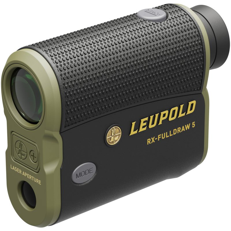 Leupold RX-FullDraw 5 Rangefinder, black and green, held in hand, showing digital display, with a rugged outdoor background.