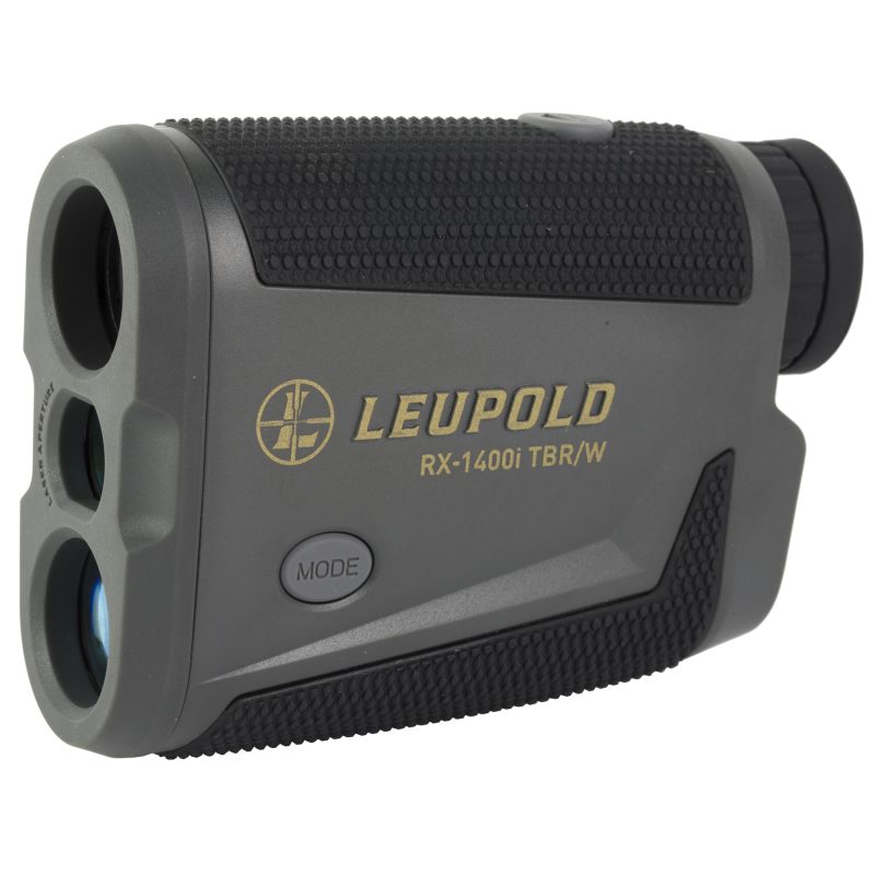 Leupold RX-1400i TBR/W Gen 2 Rangefinder, shadow gray and black, held in hand, showing the display, against an outdoor background.