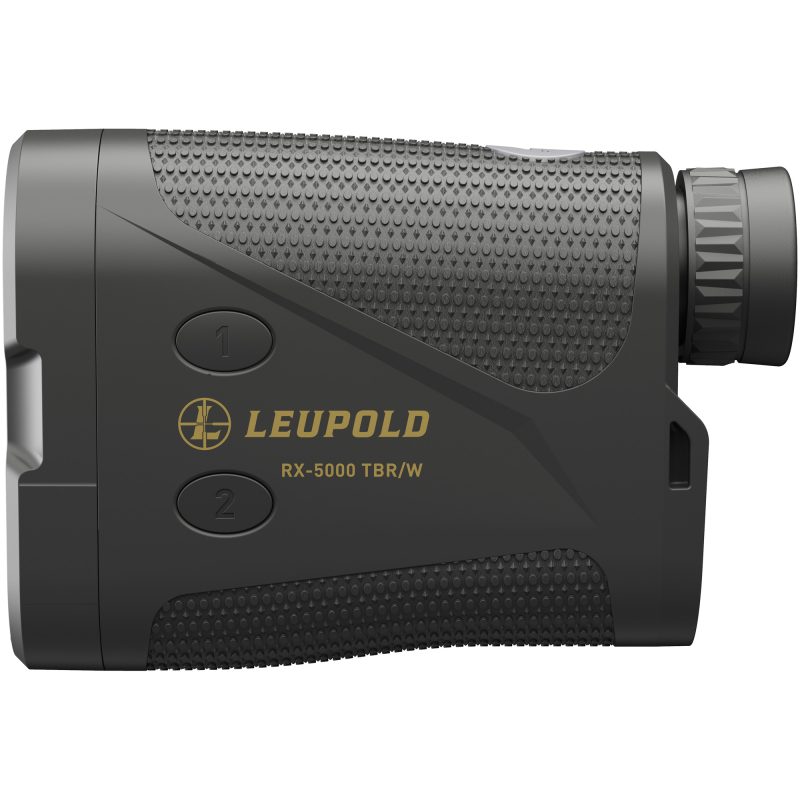 Leupold RX-5000 TBR/W DNA Digital Rangefinder with red OLED display, black housing, and 8X magnification, shown ready for use in the White Mountains of Arizona.