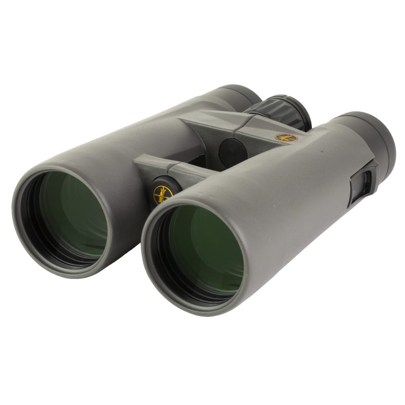Leupold BX-4 Pro Guide HD 10X50mm Gen 2 binoculars in shadow gray with lens caps, shown on a rugged outdoor surface.