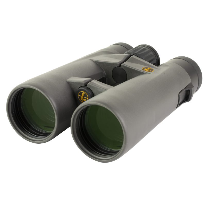 Leupold BX-4 Pro Guide HD 12X50mm Gen 2 Binoculars in Shadow Gray, shown with lens caps and strap.