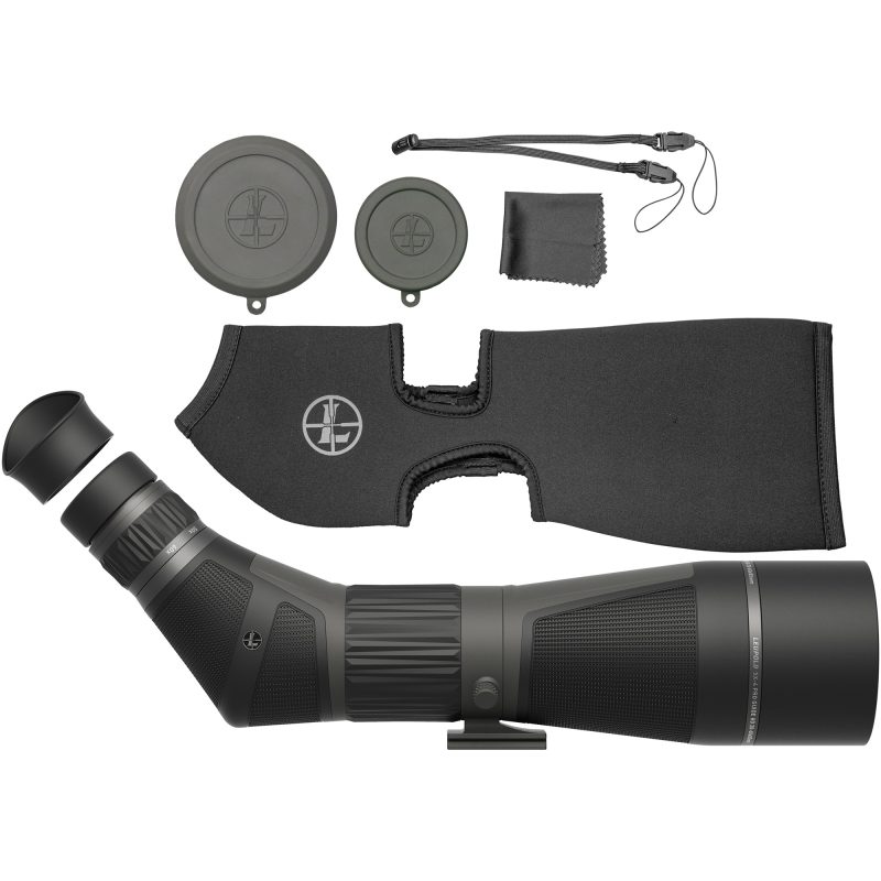 Leupold SX-4 ProGuide HD Gen2 20-60X85 Angled Spotting Scope in Shadow Gray with lens caps, shown on a tripod, ideal for long-range viewing on a ranch.