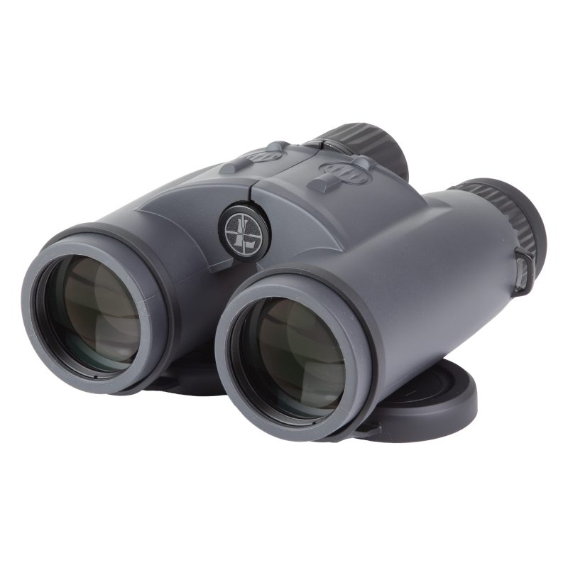 Leupold BX-4 Range HD Gen 2 TBR/W 10x42 range-finding binocular in shadow gray, shown with lens caps, on a rugged outdoor surface.